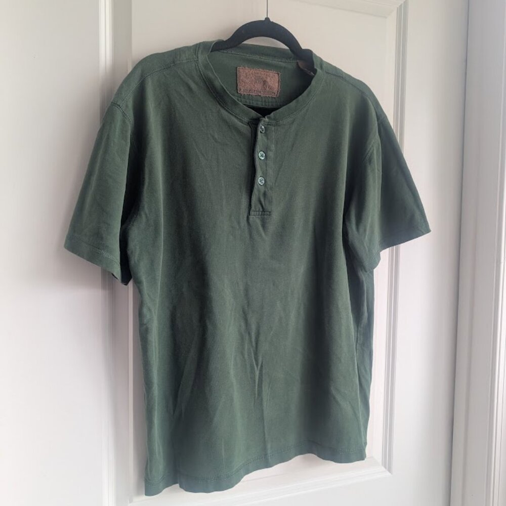 Short sleeve t-shirt. Henley-style.  Hunter Green. Clearwater Outfitters